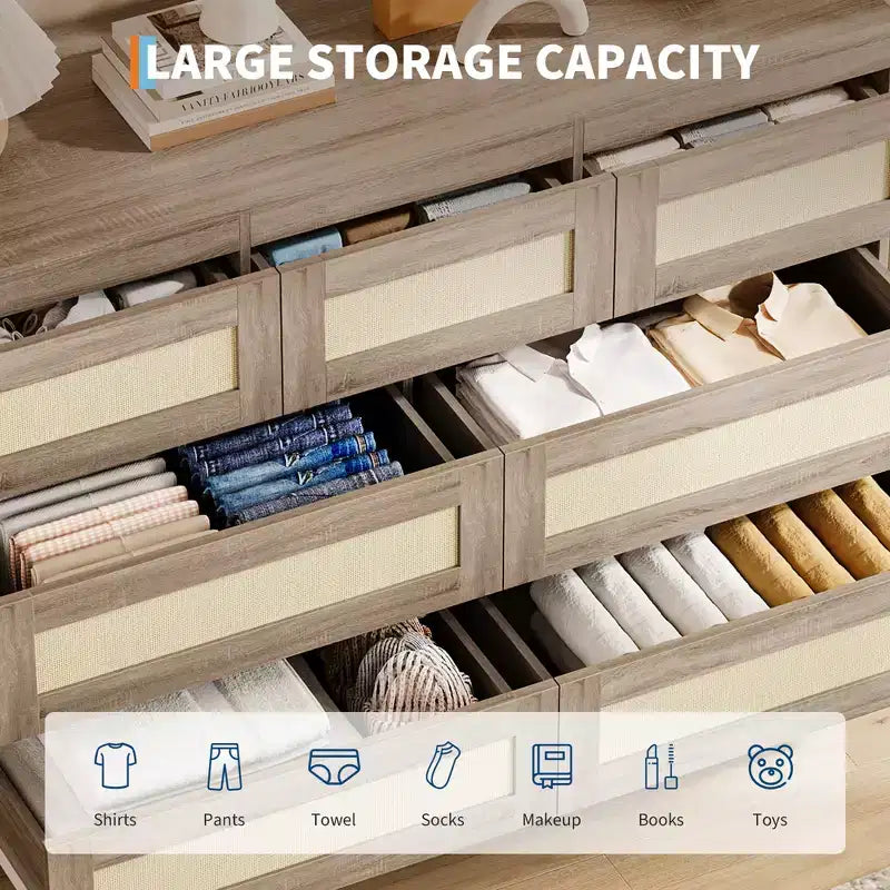 Cassettiera moderna a 7 cassetti in rattan, mobile contenitore in legno per camera da letto, cameretta, soggiorno o ingresso, per organizzare i vestiti