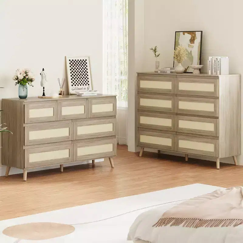 Cassettiera moderna a 7 cassetti in rattan, mobile contenitore in legno per camera da letto, cameretta, soggiorno o ingresso, per organizzare i vestiti