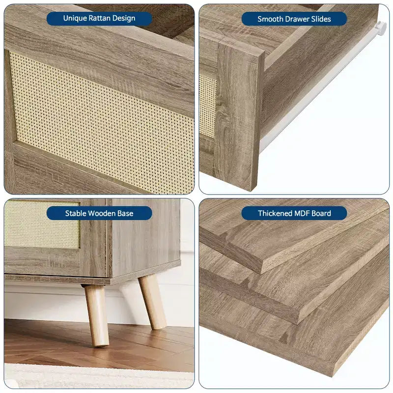 Cassettiera moderna a 7 cassetti in rattan, mobile contenitore in legno per camera da letto, cameretta, soggiorno o ingresso, per organizzare i vestiti