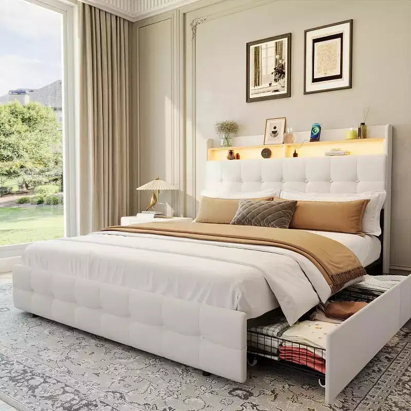 Acekool Full Size Upholstered Platform Bed Frame with Storage Headboard and 2 Drawers, Plush Fabric, Metal Slat Support, No Box Spring Needed
