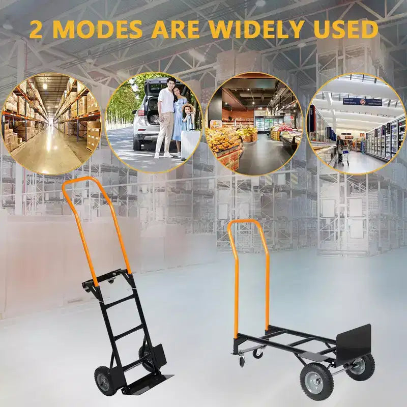 Carrello industriale a pianale COZONY 2-in-1, carrello pesante con manico telescopico e ruote girevoli bloccabili per magazzino e traslochi