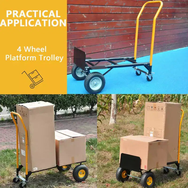 Carrello industriale a pianale COZONY 2-in-1, carrello pesante con manico telescopico e ruote girevoli bloccabili per magazzino e traslochi
