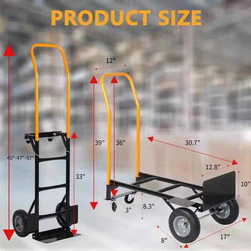 Carrello industriale a pianale COZONY 2-in-1, carrello pesante con manico telescopico e ruote girevoli bloccabili per magazzino e traslochi