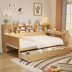 Bellemave Letto a Giorno in Legno con Ripiani, 2 Cassetti e Scrivania Integrata, Letto Multifunzione Salvaspazio Matrimoniale/Singolo, Naturale o Bianco Antico