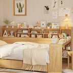 Bellemave Letto a Giorno in Legno con Ripiani, 2 Cassetti e Scrivania Integrata, Letto Multifunzione Salvaspazio Matrimoniale/Singolo, Naturale o Bianco Antico