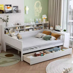 Bellemave Letto a Giorno in Legno con Ripiani, 2 Cassetti e Scrivania Integrata, Letto Multifunzione Salvaspazio Matrimoniale/Singolo, Naturale o Bianco Antico