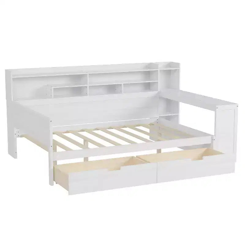Bellemave Letto a Giorno in Legno con Ripiani, 2 Cassetti e Scrivania Integrata, Letto Multifunzione Salvaspazio Matrimoniale/Singolo, Naturale o Bianco Antico