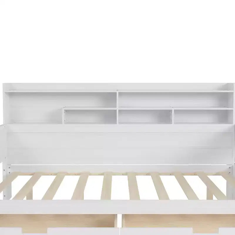 Bellemave Letto a Giorno in Legno con Ripiani, 2 Cassetti e Scrivania Integrata, Letto Multifunzione Salvaspazio Matrimoniale/Singolo, Naturale o Bianco Antico