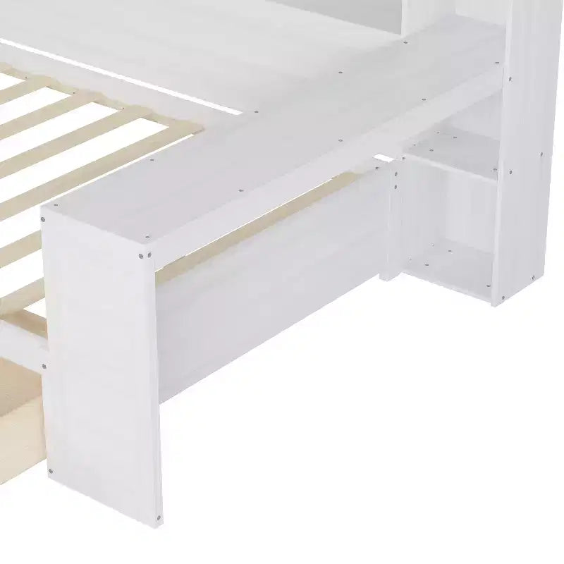 Bellemave Letto a Giorno in Legno con Ripiani, 2 Cassetti e Scrivania Integrata, Letto Multifunzione Salvaspazio Matrimoniale/Singolo, Naturale o Bianco Antico