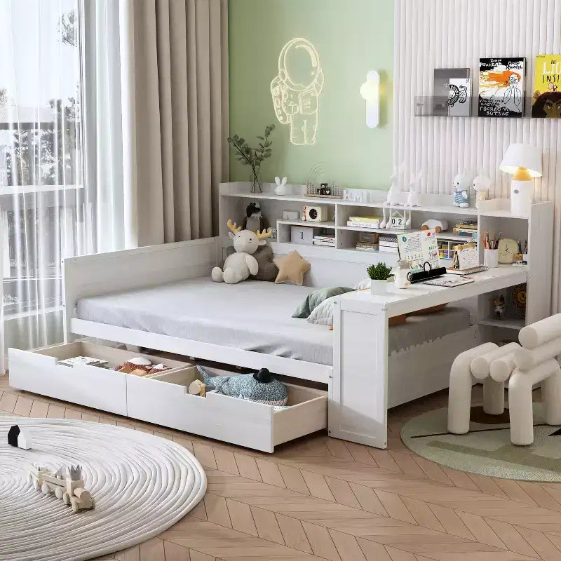 Bellemave Letto a Giorno in Legno con Ripiani, 2 Cassetti e Scrivania Integrata, Letto Multifunzione Salvaspazio Matrimoniale/Singolo, Naturale o Bianco Antico