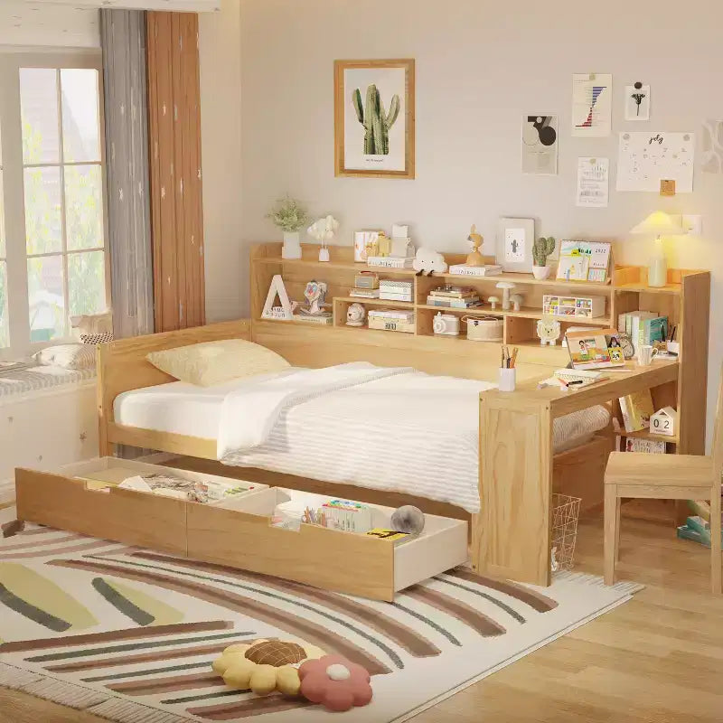 Bellemave Letto a Giorno in Legno con Ripiani, 2 Cassetti e Scrivania Integrata, Letto Multifunzione Salvaspazio Matrimoniale/Singolo, Naturale o Bianco Antico