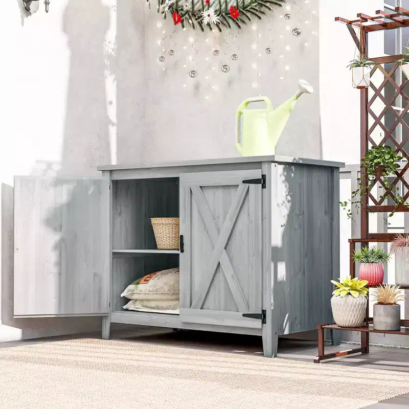 Mobile Contenitore da Esterno in Legno, Casetta da Giardino, Casetta per Attrezzi con Ripiani e Doppie Porte, Grigio Chiaro
