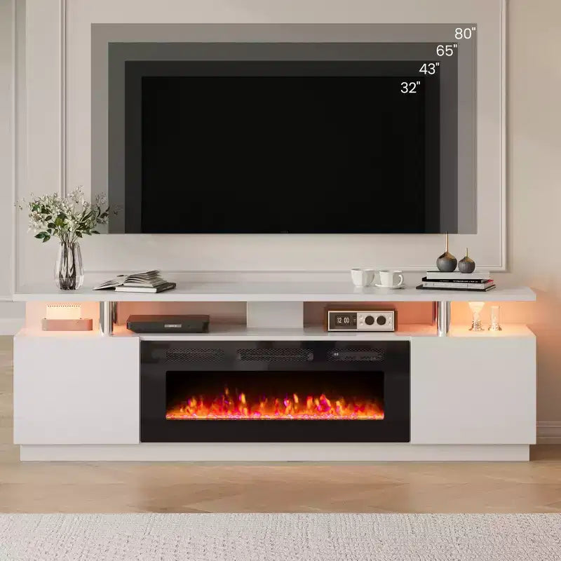 Mobile TV con caminetto elettrico – Riscaldatore per camino da 36 pollici con 12 colori di fiamma, Console per centro di intrattenimento a 2 ripiani con spazio di archiviazione per TV fino a 80 pollici, Bianco