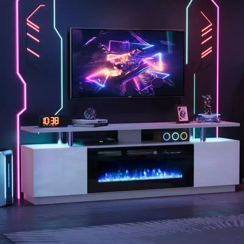 Mobile TV con caminetto elettrico – Riscaldatore per camino da 36 pollici con 12 colori di fiamma, Console per centro di intrattenimento a 2 ripiani con spazio di archiviazione per TV fino a 80 pollici, Bianco