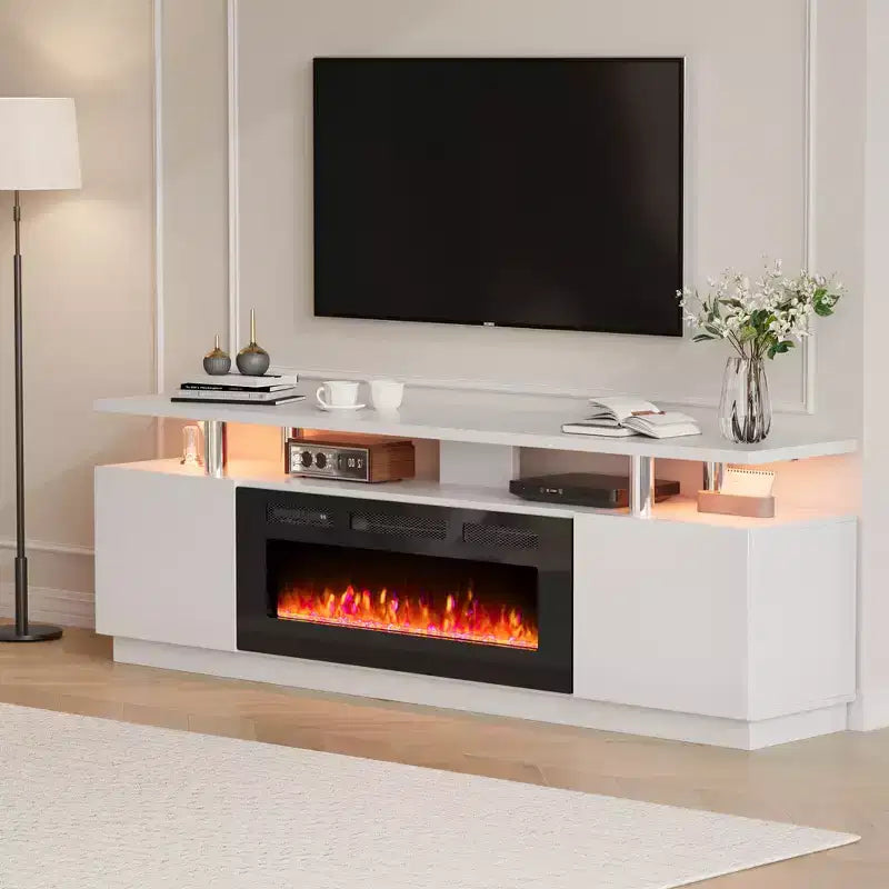 Mobile TV con caminetto elettrico – Riscaldatore per camino da 36 pollici con 12 colori di fiamma, Console per centro di intrattenimento a 2 ripiani con spazio di archiviazione per TV fino a 80 pollici, Bianco