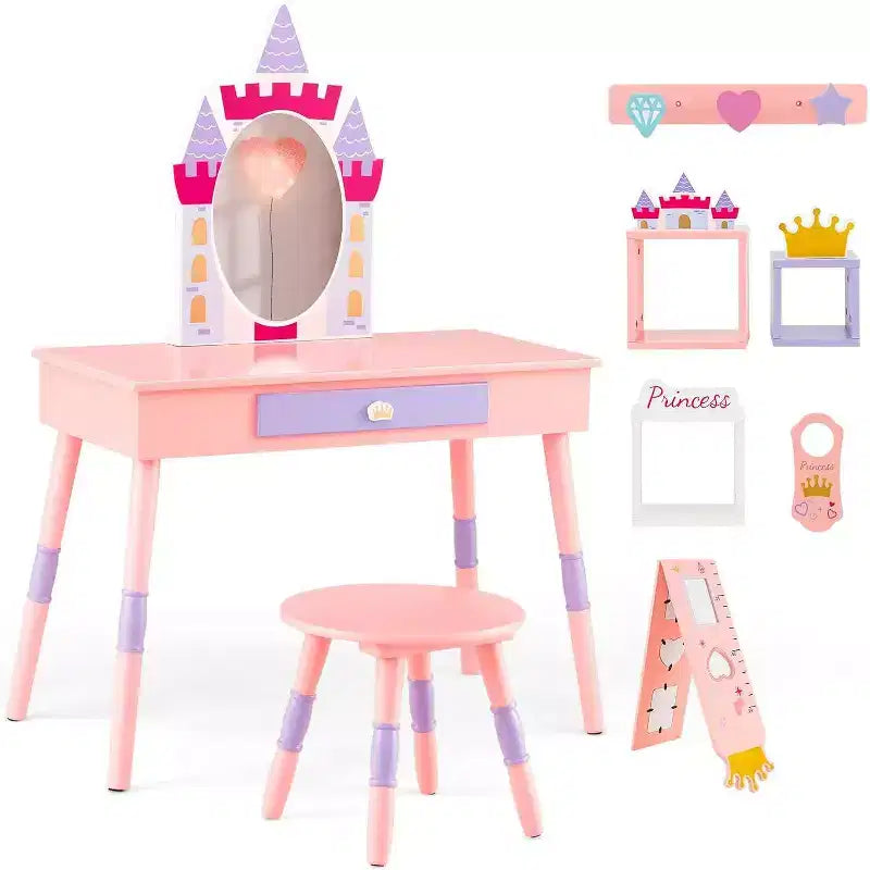 BALHAM TRADE-Pink Kids Vanity Set Castle Pretend Play Vanity Table Chair Set with Drawer Mirror