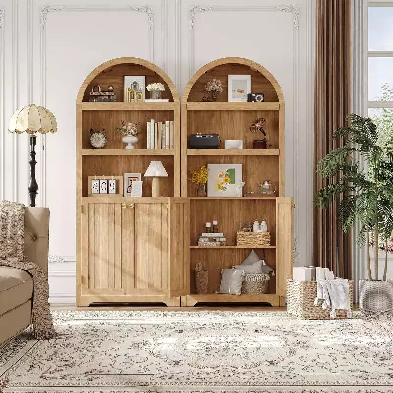 Mobile Moderno Bianco ad Arco da 72 pollici - Dispensa in Legno a 5 Ripiani Doppie Ante Ripiano Regolabile Maniglie Nere, Libreria Autoportante per Soggiorno