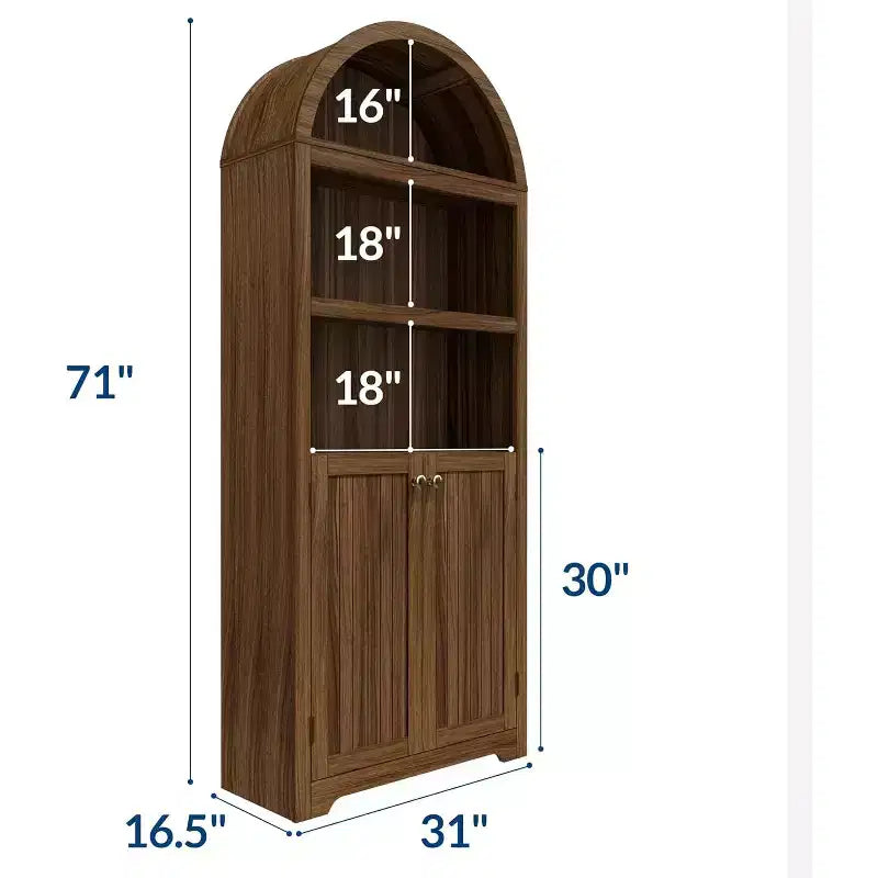 Mobile Moderno Bianco ad Arco da 72 pollici - Dispensa in Legno a 5 Ripiani Doppie Ante Ripiano Regolabile Maniglie Nere, Libreria Autoportante per Soggiorno