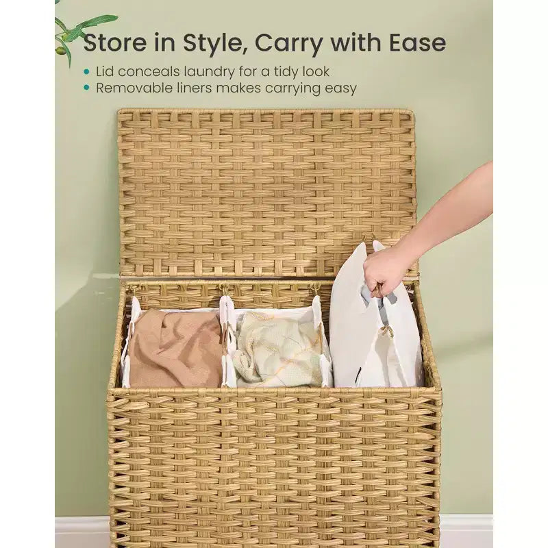 Cesto Portabiancheria con Coperchio, Cesto Portabiancheria in Rattan PE con Fodera Rimovibile, Cesto Contenitore, Divisorio a 3 Scomparti, 160 L
