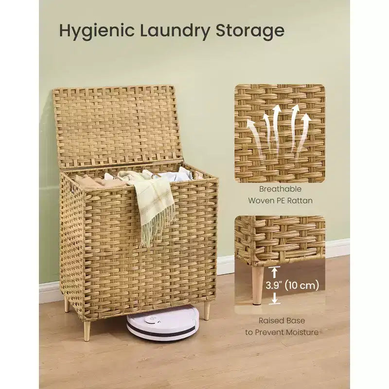Cesto Portabiancheria con Coperchio, Cesto Portabiancheria in Rattan PE con Fodera Rimovibile, Cesto Contenitore, Divisorio a 3 Scomparti, 160 L