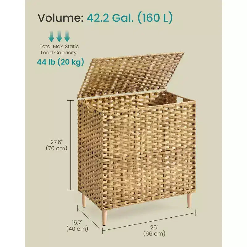 Cesto Portabiancheria con Coperchio, Cesto Portabiancheria in Rattan PE con Fodera Rimovibile, Cesto Contenitore, Divisorio a 3 Scomparti, 160 L