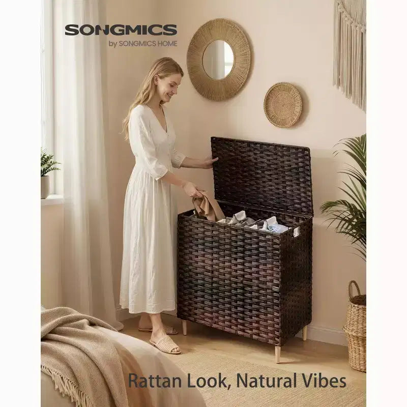 Cesto Portabiancheria con Coperchio, Cesto Portabiancheria in Rattan PE con Fodera Rimovibile, Cesto Contenitore, Divisorio a 3 Scomparti, 160 L