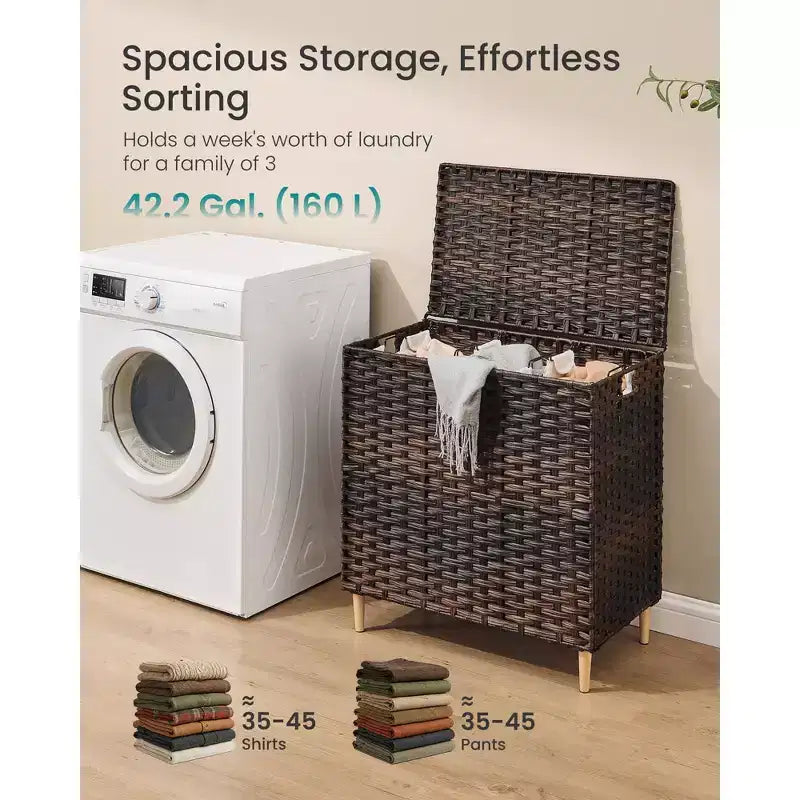 Cesto Portabiancheria con Coperchio, Cesto Portabiancheria in Rattan PE con Fodera Rimovibile, Cesto Contenitore, Divisorio a 3 Scomparti, 160 L