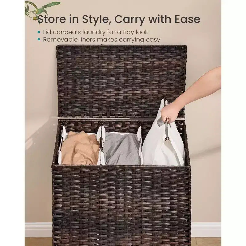 Cesto Portabiancheria con Coperchio, Cesto Portabiancheria in Rattan PE con Fodera Rimovibile, Cesto Contenitore, Divisorio a 3 Scomparti, 160 L