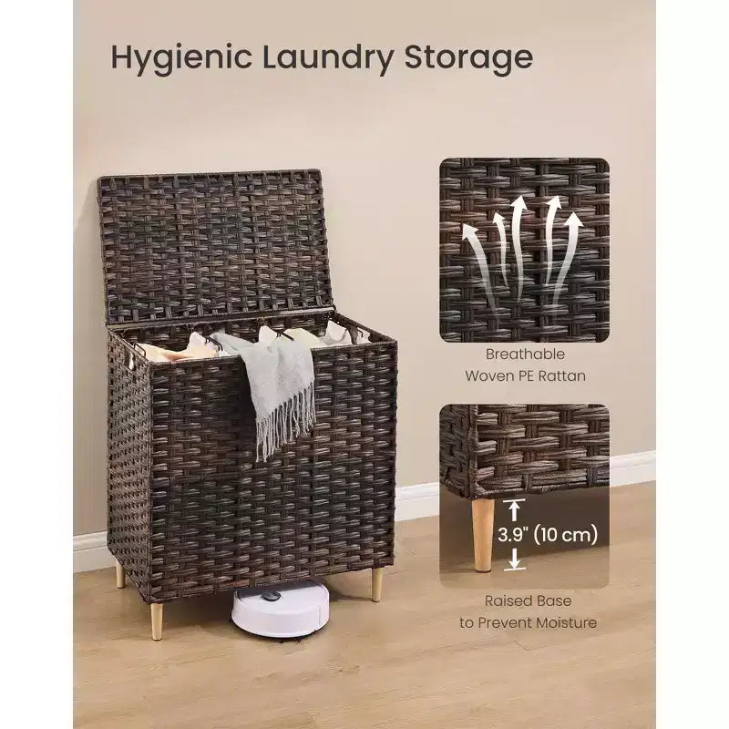 Cesto Portabiancheria con Coperchio, Cesto Portabiancheria in Rattan PE con Fodera Rimovibile, Cesto Contenitore, Divisorio a 3 Scomparti, 160 L