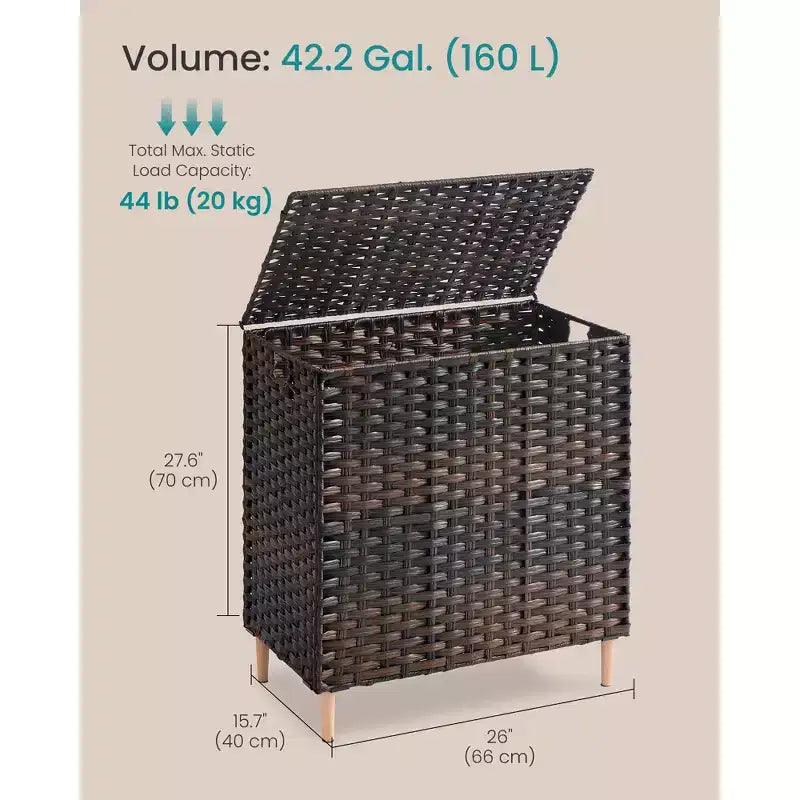 Cesto Portabiancheria con Coperchio, Cesto Portabiancheria in Rattan PE con Fodera Rimovibile, Cesto Contenitore, Divisorio a 3 Scomparti, 160 L