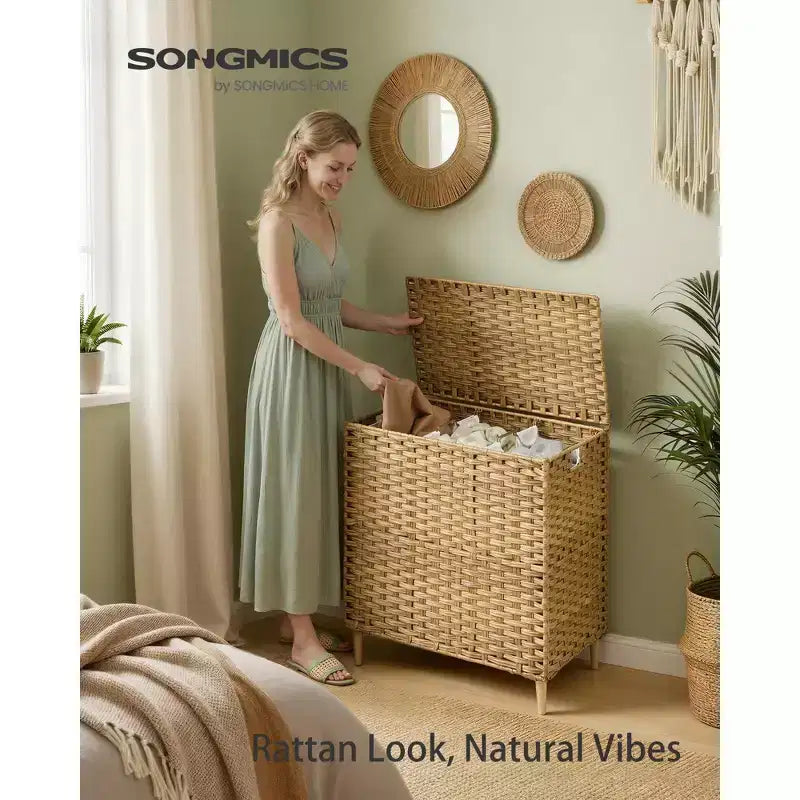 Cesto Portabiancheria con Coperchio, Cesto Portabiancheria in Rattan PE con Fodera Rimovibile, Cesto Contenitore, Divisorio a 3 Scomparti, 160 L