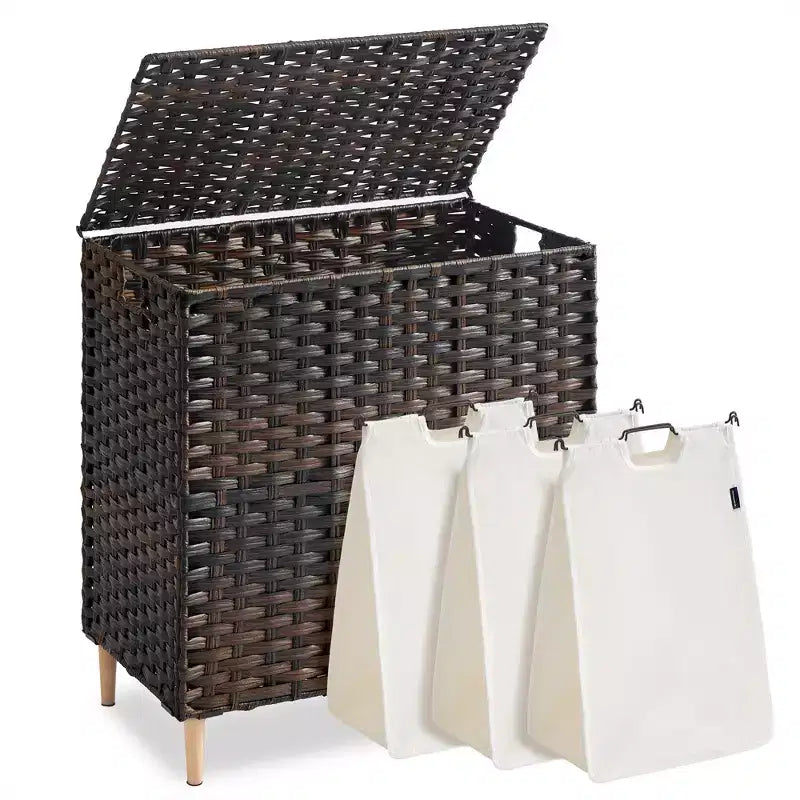 SONGMICS Laundry Hamper with Lid, PE Rattan Laundry Basket with Removable Liner, Storage Basket, 3-Section Sorter, 42.2 Gallons (160 L)