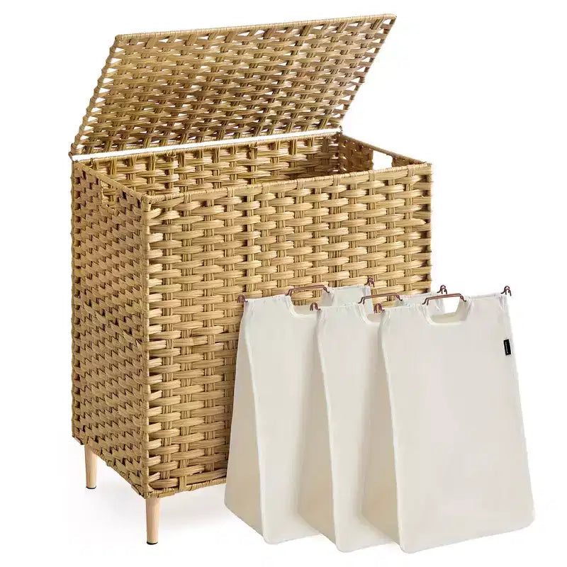 Cesto Portabiancheria con Coperchio, Cesto Portabiancheria in Rattan PE con Fodera Rimovibile, Cesto Contenitore, Divisorio a 3 Scomparti, 160 L