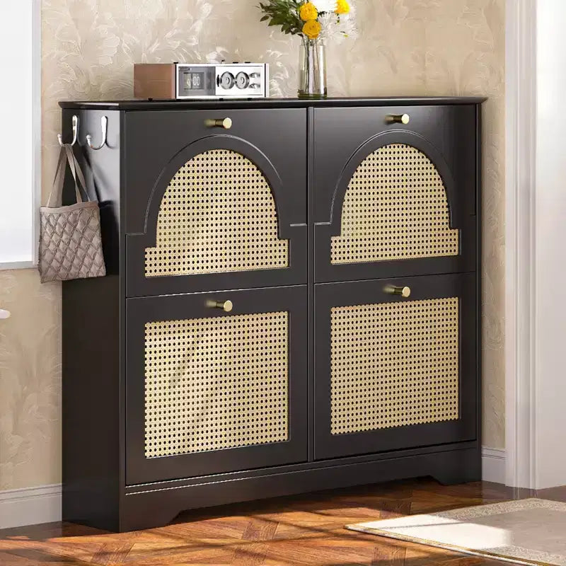 JVNOXK Mid-Century Narrow Shoe Cabinet with 4 Flip Drawers Rattan Doors, Tipping Bucket Shoe Organizer with 2 Hooks for Entryway Hallway Black
