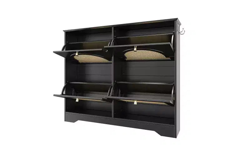 Scarpiera stretta Mid-Century con 4 cassetti a ribalta e ante in rattan, scarpiera con secchiello basculante e 2 ganci per ingresso, corridoio, nera