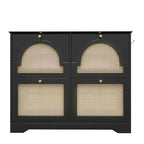 Scarpiera stretta Mid-Century con 4 cassetti a ribalta e ante in rattan, scarpiera con secchiello basculante e 2 ganci per ingresso, corridoio, nera