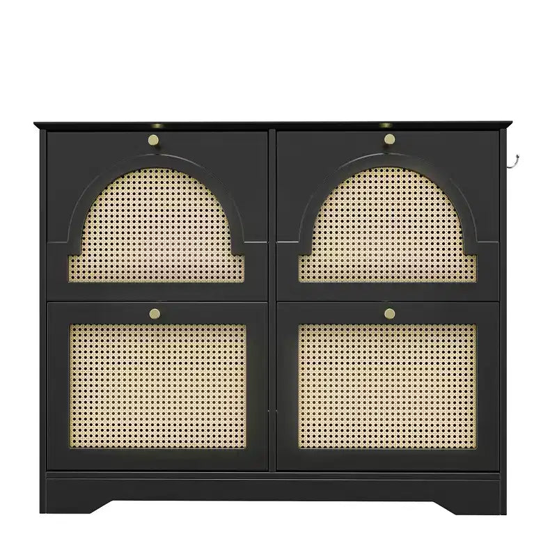 Scarpiera stretta Mid-Century con 4 cassetti a ribalta e ante in rattan, scarpiera con secchiello basculante e 2 ganci per ingresso, corridoio, nera