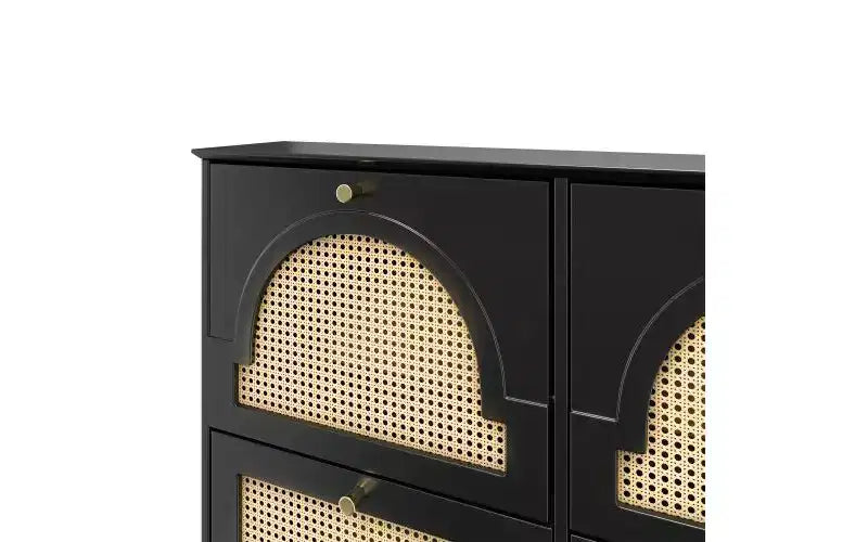 Scarpiera stretta Mid-Century con 4 cassetti a ribalta e ante in rattan, scarpiera con secchiello basculante e 2 ganci per ingresso, corridoio, nera