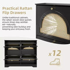 Scarpiera stretta Mid-Century con 4 cassetti a ribalta e ante in rattan, scarpiera con secchiello basculante e 2 ganci per ingresso, corridoio, nera