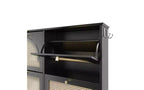 Scarpiera stretta Mid-Century con 4 cassetti a ribalta e ante in rattan, scarpiera con secchiello basculante e 2 ganci per ingresso, corridoio, nera