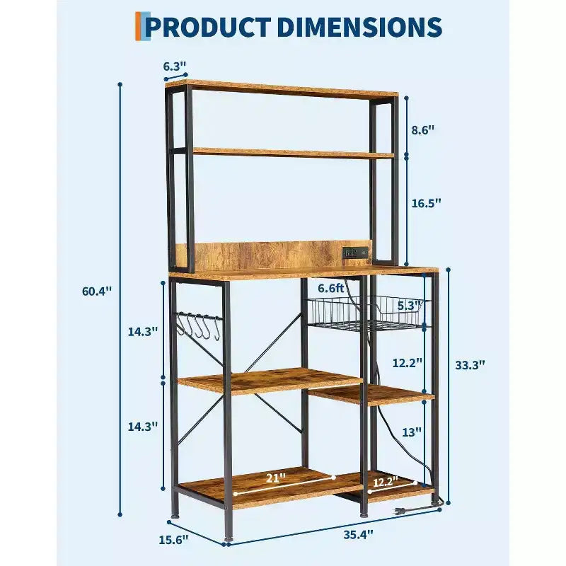 Scaffale da Cucina per Forno a Microonde con Presa di Corrente, Scaffale a 4 Ripiani con Ante e 6 Ganci a S per Spezie, Pentole