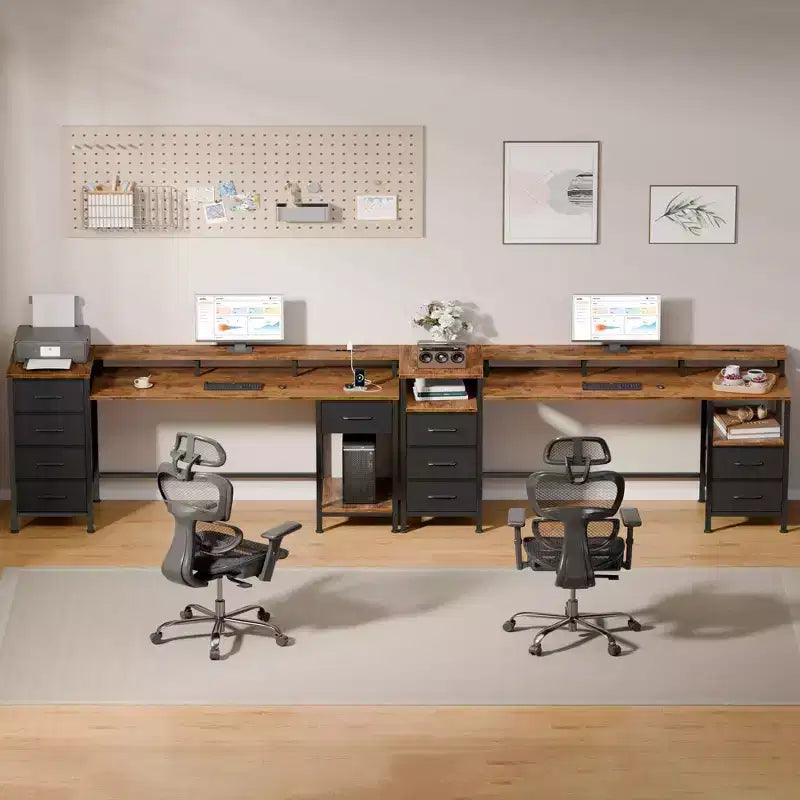 Scrivania da computer marrone da 61 pollici con stazione di ricarica, scrivania da gaming con luci LED, reversibile, 5 cassetti in tessuto, tavolo da scrittura per ufficio domestico, contenitore per studio