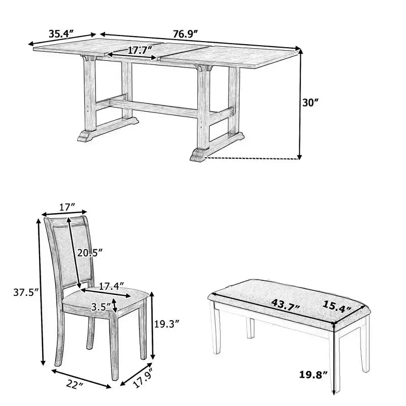 Set da pranzo rustico da 6 pezzi con tavolo allungabile, tavolo da pranzo con cavalletto da 195,3 cm e 4 sedie da pranzo imbottite, 1 panca