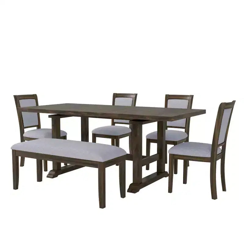 Set da pranzo rustico da 6 pezzi con tavolo allungabile, tavolo da pranzo con cavalletto da 195,3 cm e 4 sedie da pranzo imbottite, 1 panca