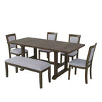 Whisen Updated 6-Piece Rustic Kitchen Extendable Dining Table Set, 76.9 Trestle Dining Table & 4 Upholstered Dining Chairs, 1 Bench
