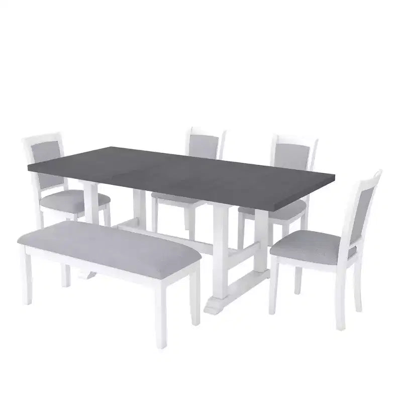 Set da pranzo rustico da 6 pezzi con tavolo allungabile, tavolo da pranzo con cavalletto da 195,3 cm e 4 sedie da pranzo imbottite, 1 panca