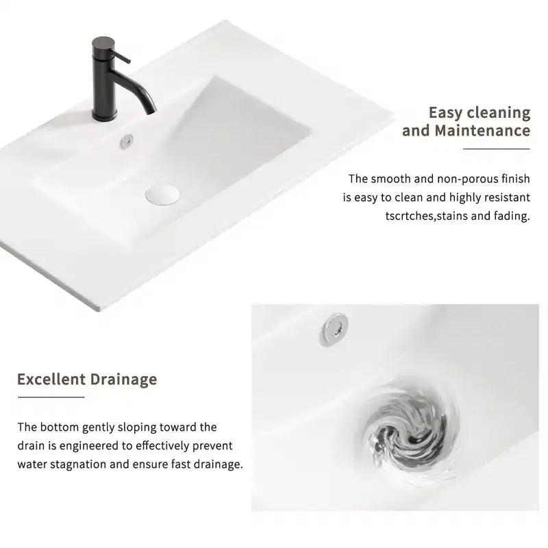 Lavabo da bagno da 60 cm, lavabo da bagno in ceramica con foro troppopieno, senza scarico, bianco lucido