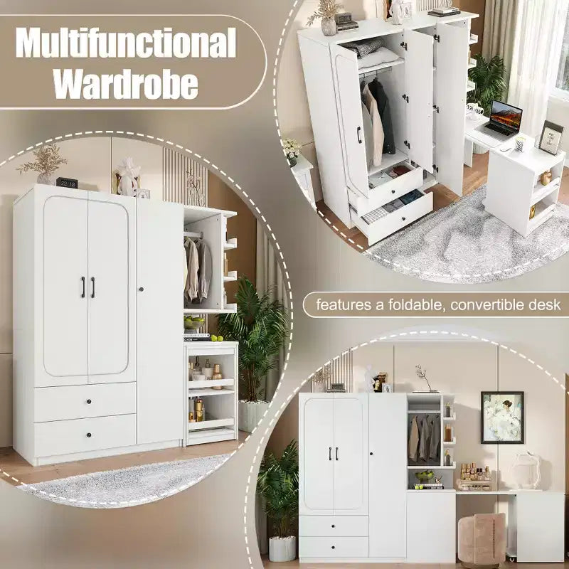 Armadio multifunzione in legno Phyllis con scrivania convertibile