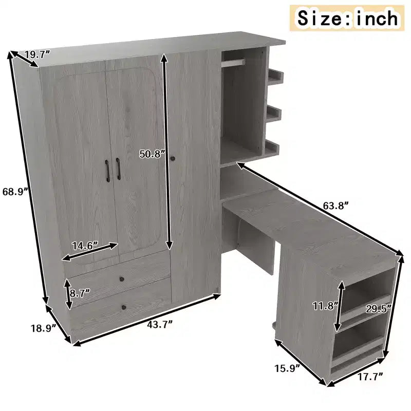 Armadio multifunzione in legno Phyllis con scrivania convertibile