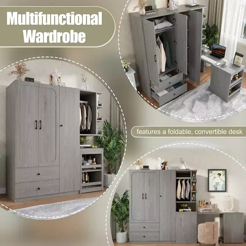 Armadio multifunzione in legno Phyllis con scrivania convertibile